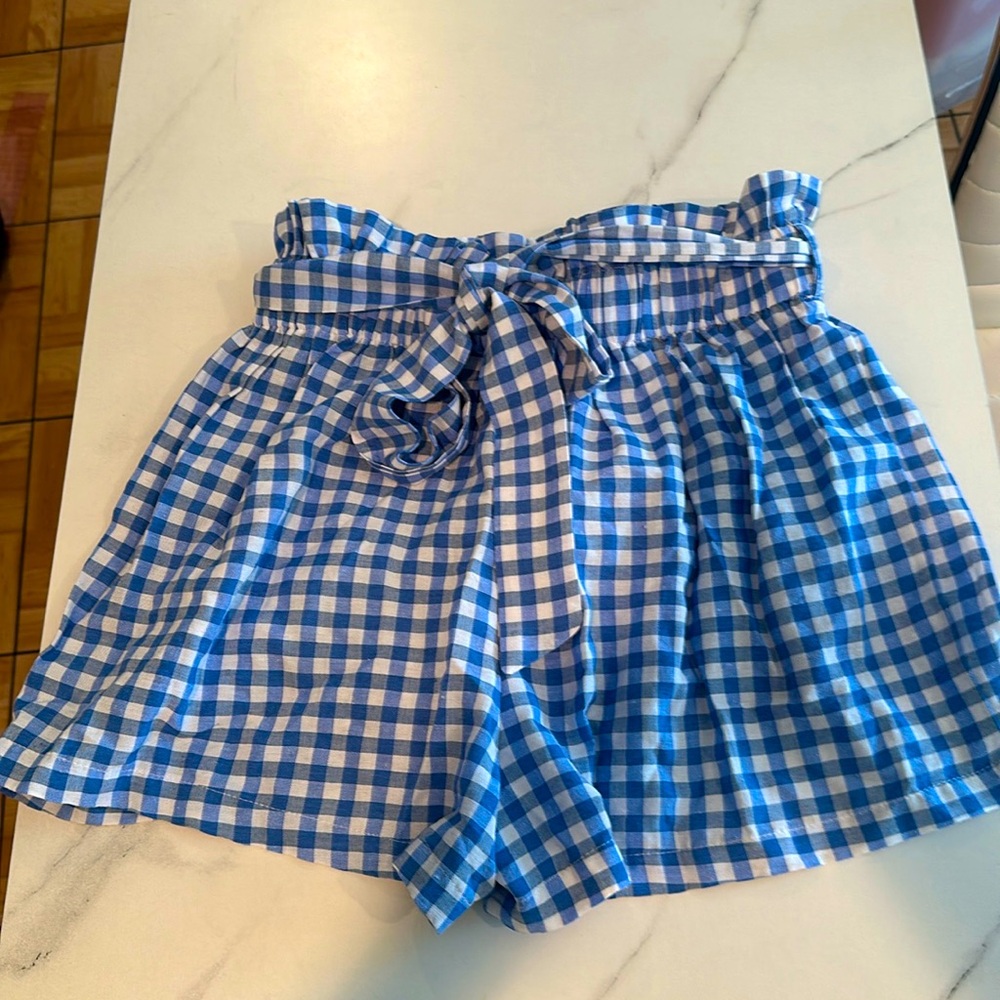 Blue and white gingham shorts with tie, medium.